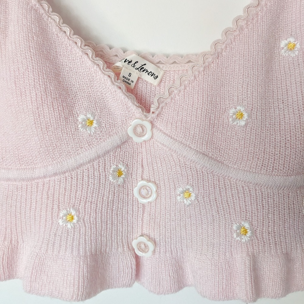 For Love And Lemons Callie Crop Top S Pink Knit Embroidered Daisy Coquette Cami - Picture 2 of 10